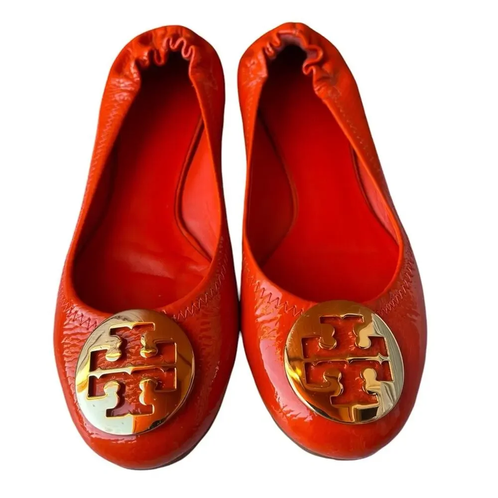 Tory Burch Minnie Travel Orange Patent Leather w/ Brass Logo Ballet Flats 7